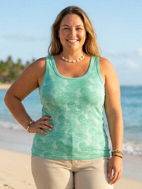 Upcycled Bleached Mint Green Rib Knit Tank Top Boho Skull Print Stretch Size XXL